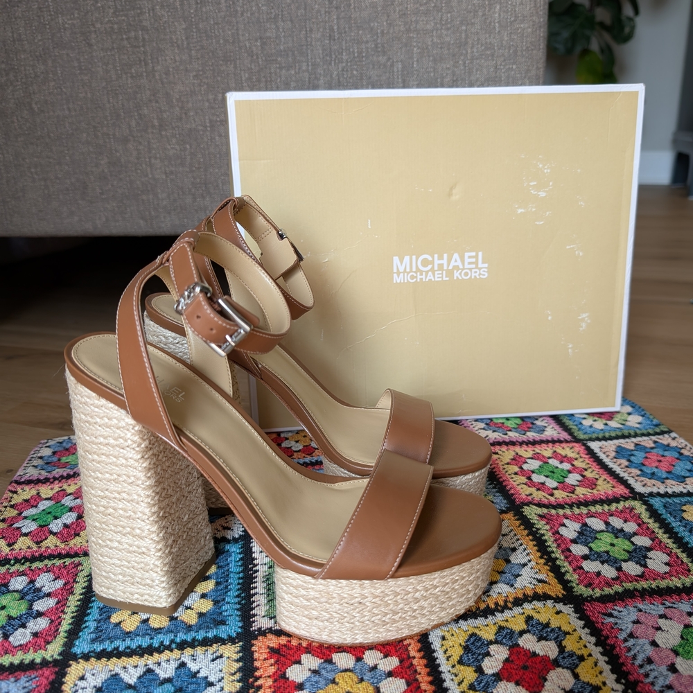 NEW Michael Kors "Ashton" Women's Tan Raffia Platform Sandal Heels - Women's 7